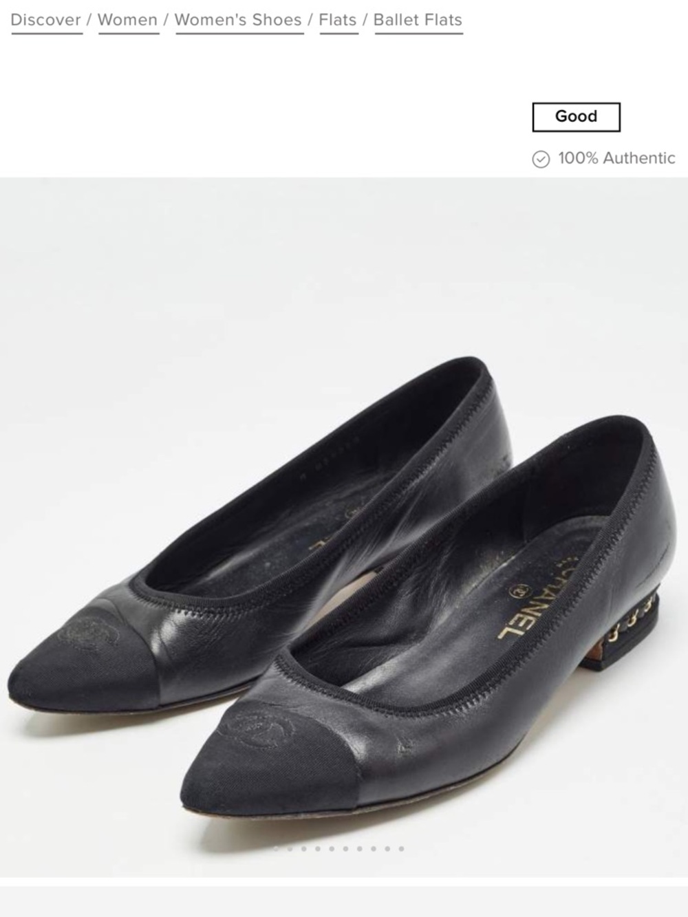 CHANEL Black Pointed Toe Leather Ballet Flats with Square Heel